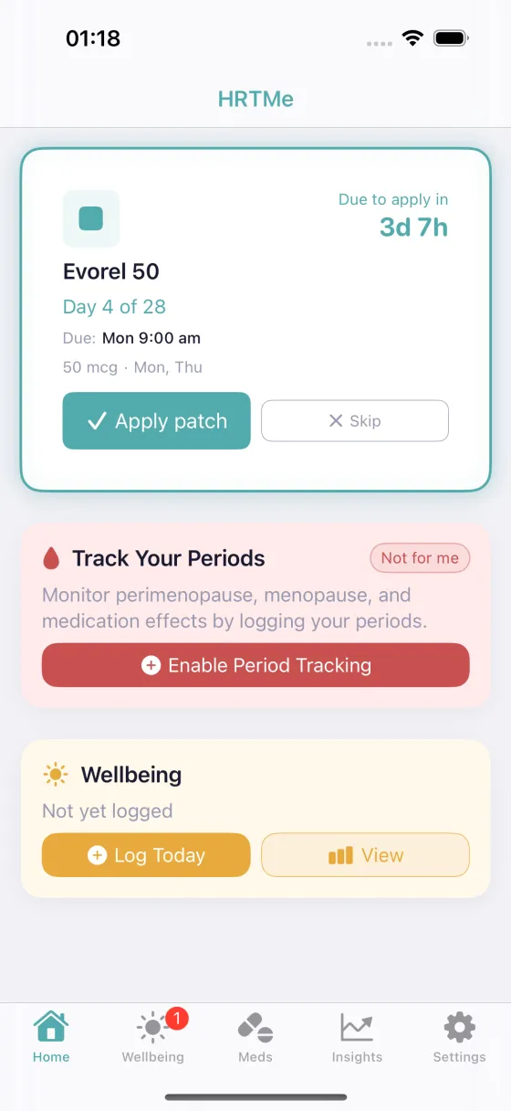 HRTMe home screen showing today's HRT doses and what's due next