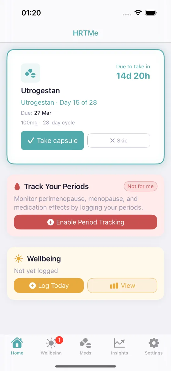 HRTMe schedule view for a cyclical HRT regimen
