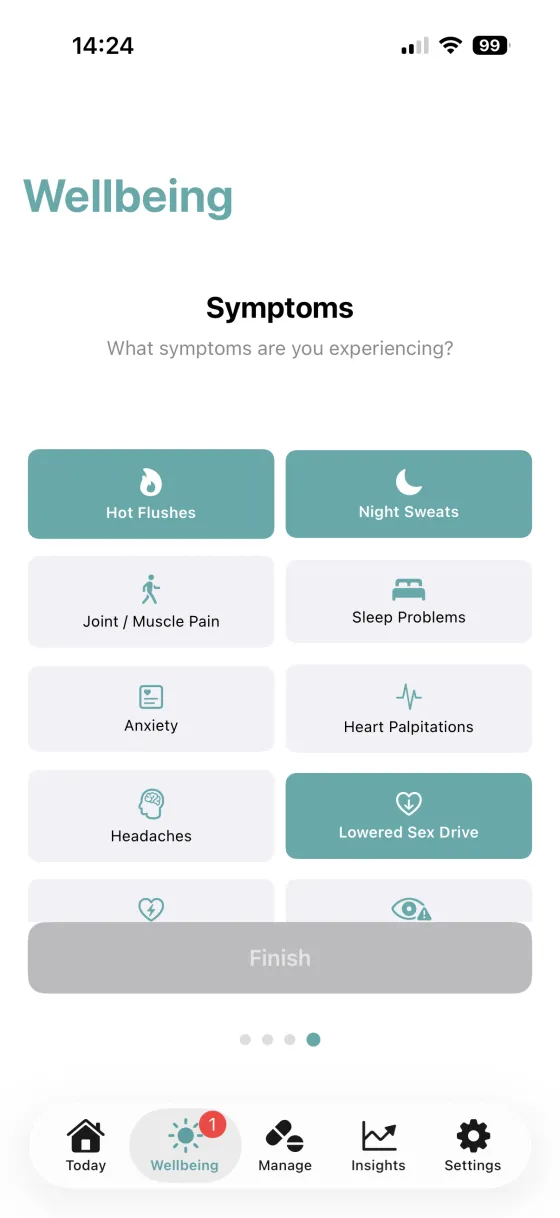 HRTMe symptom logging screen for mood, energy and brain fog